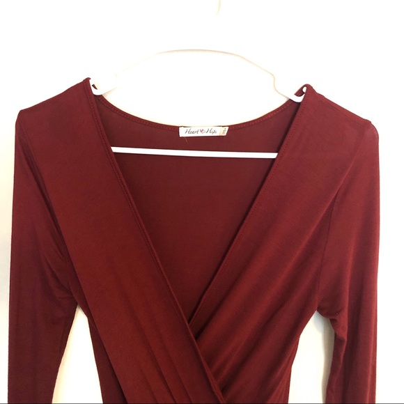Heart & Hips Faux Wrap Dress Wine Red Long Sleeve - Picture 4 of 10